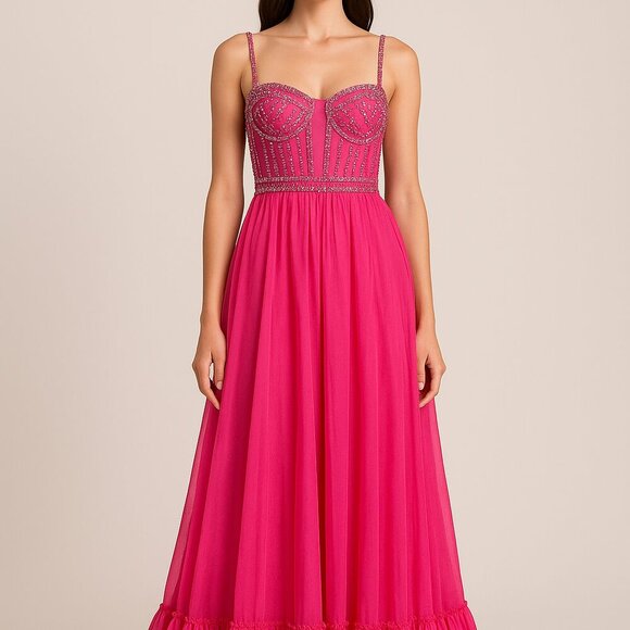 Mac Duggal Hot Pink Gem Corset Ruffle Gown Size 2 NWT Style 68464 Sample - Picture 1 of 9